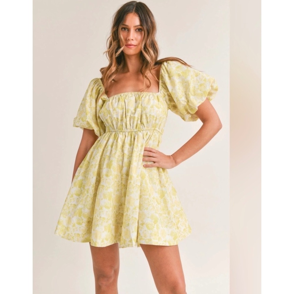 Mable Cameron Yellow Floral Puff Sleeve Cotton Linen Mini Dress Size M Cottage